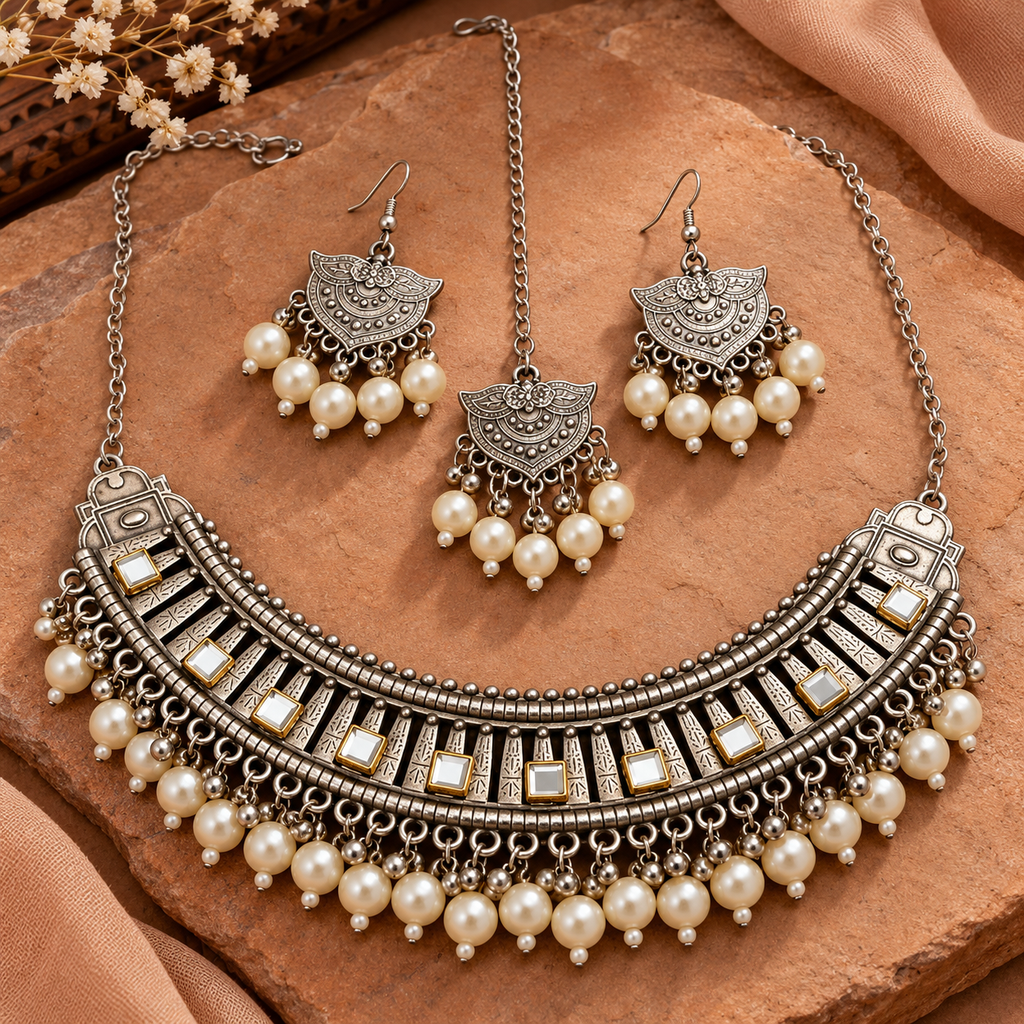 Mrinal Mirror Pearl-Style Necklace Set with Maang Tikka | MyJhumki