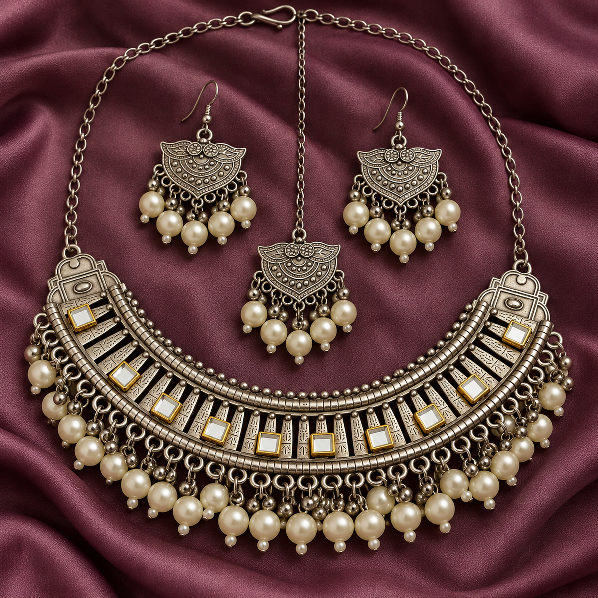 Mrinal Mirror Pearl-Style Necklace Set with Maang Tikka | MyJhumki