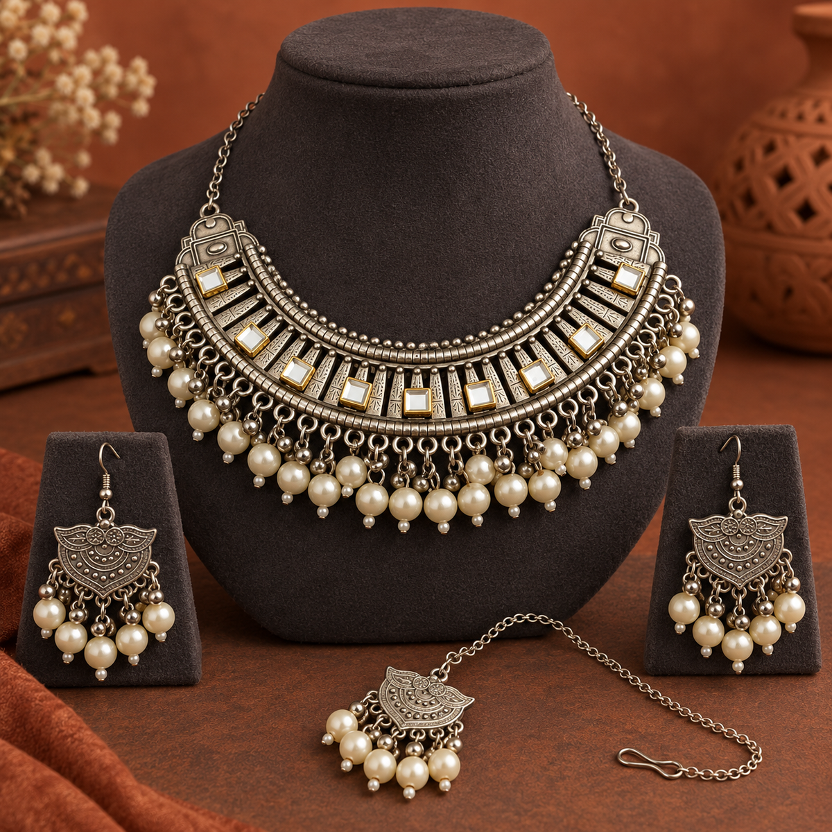 Mrinal Mirror Pearl-Style Necklace Set with Maang Tikka | MyJhumki