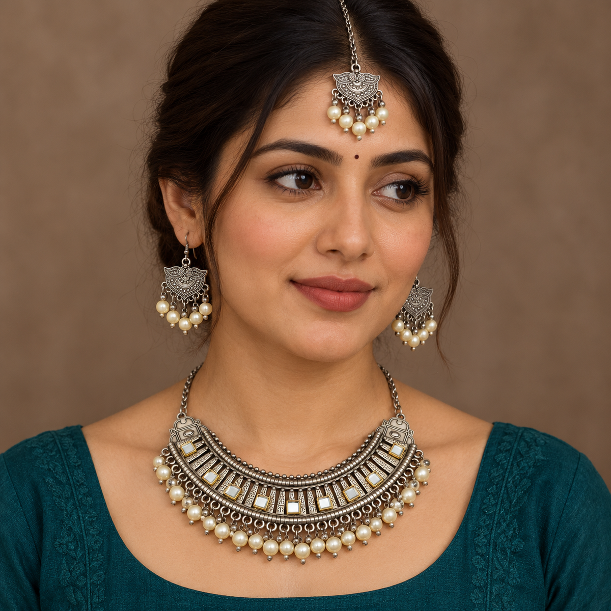Mrinal Mirror Pearl-Style Necklace Set with Maang Tikka | MyJhumki