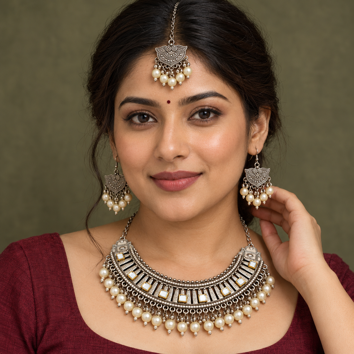 Mrinal Mirror Pearl-Style Necklace Set with Maang Tikka | MyJhumki