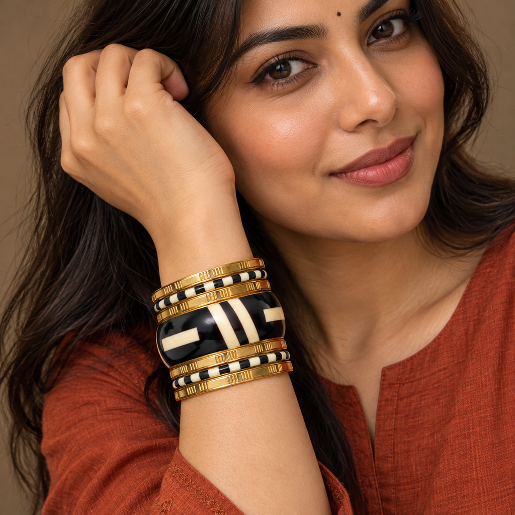 Naira Black Ivory Gold-Tone Bangle Set | MyJhumki