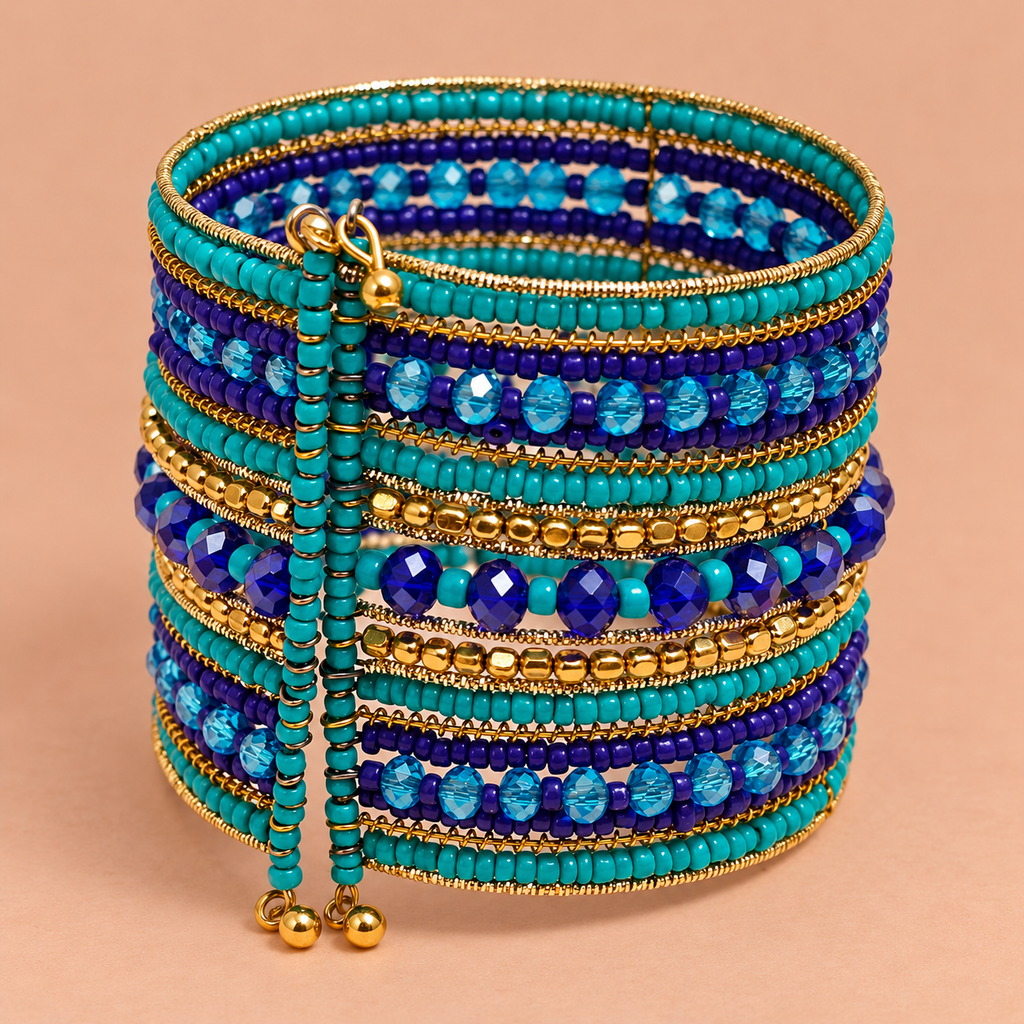 Neel Blue Teal Beaded Bangle Cuff | MyJhumki