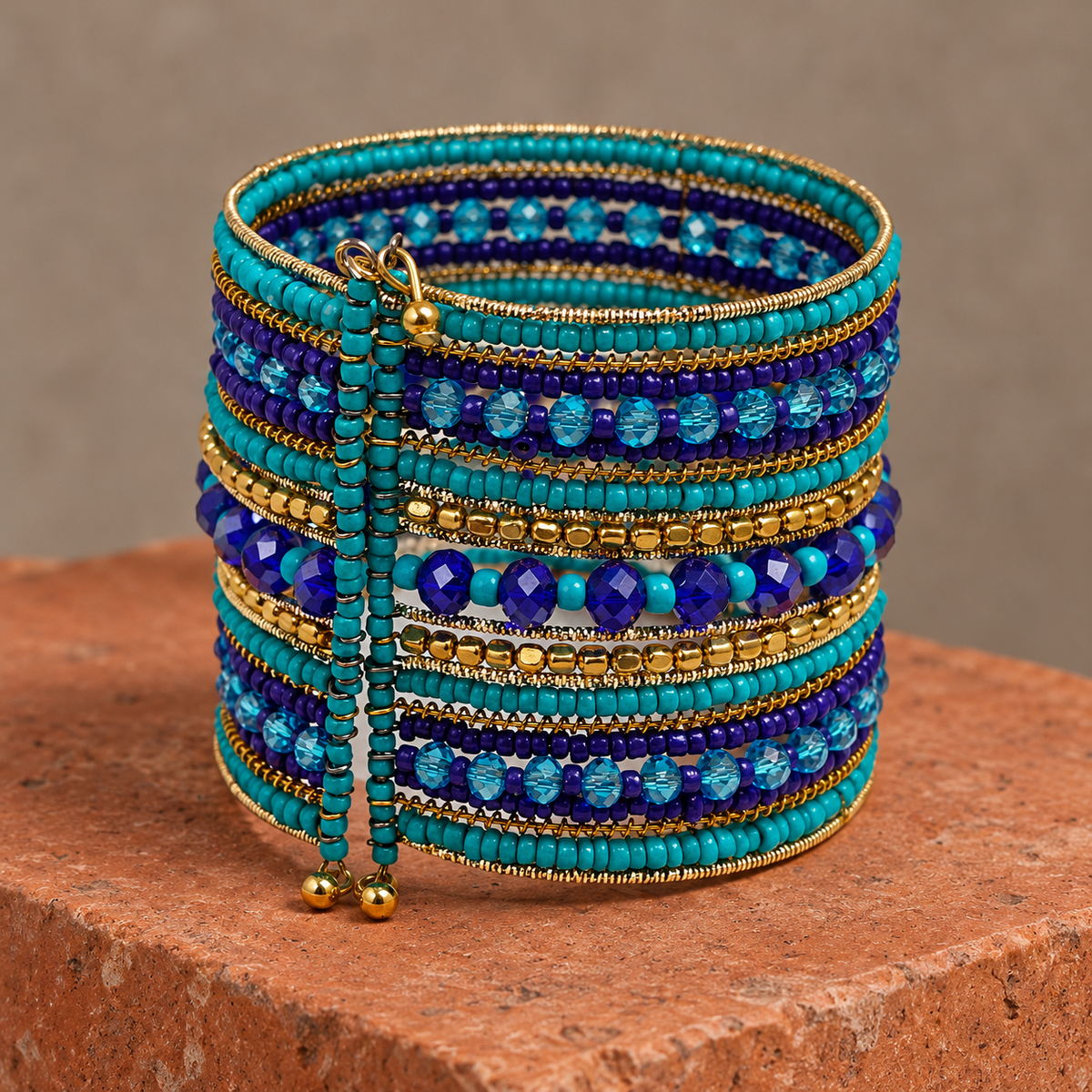 Neel Blue Teal Beaded Bangle Cuff | MyJhumki