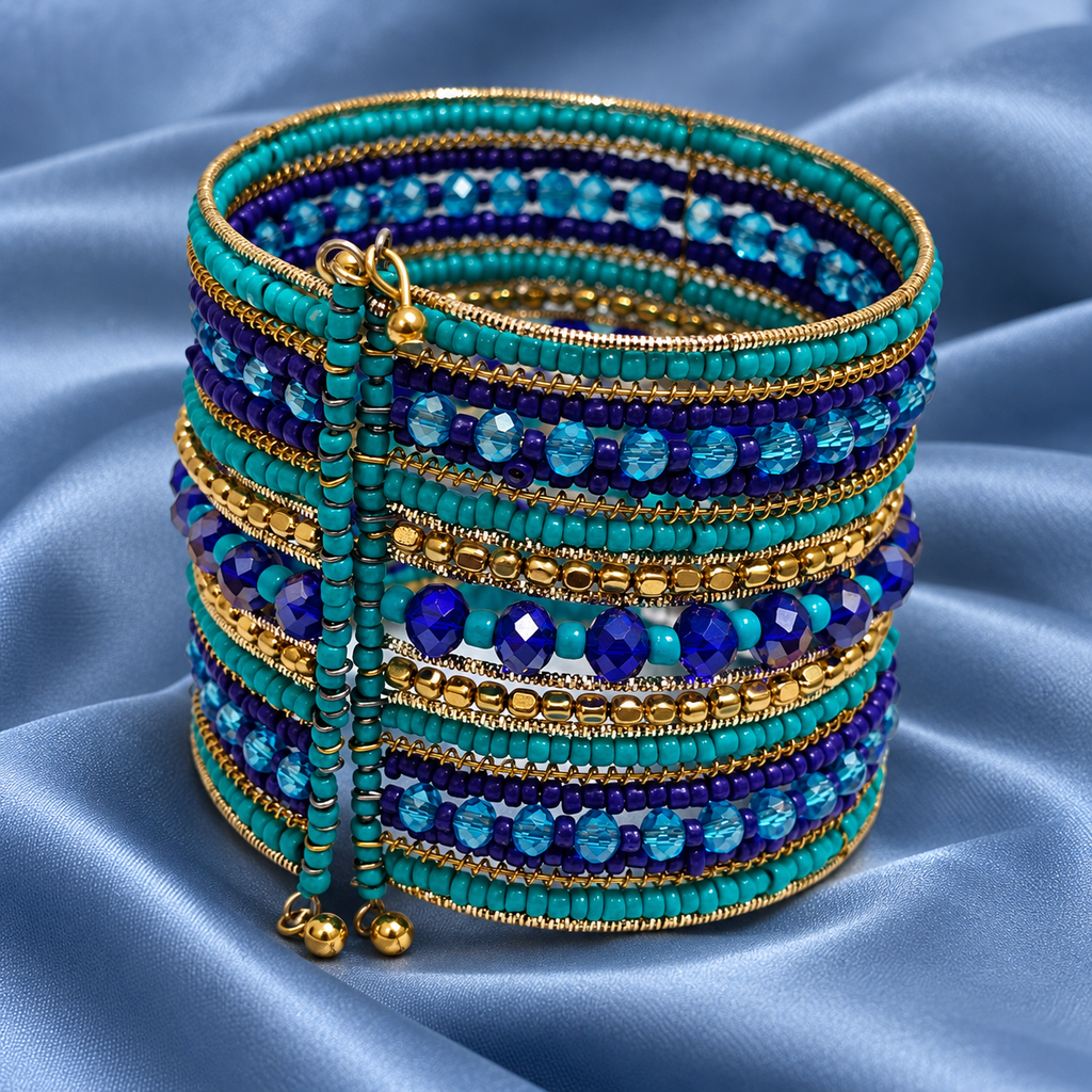 Neel Blue Teal Beaded Bangle Cuff | MyJhumki