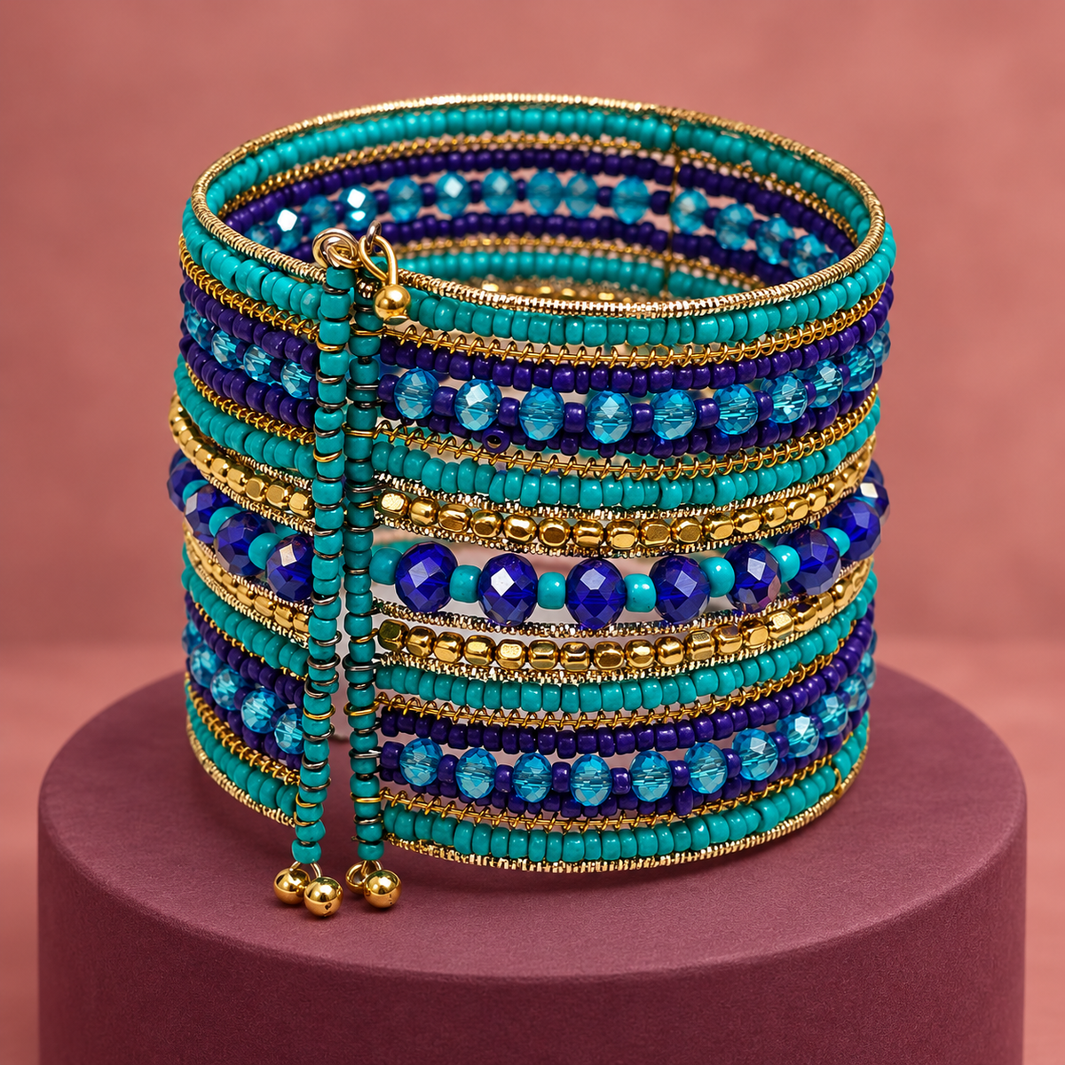 Neel Blue Teal Beaded Bangle Cuff | MyJhumki