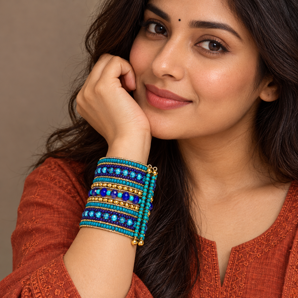 Neel Blue Teal Beaded Bangle Cuff | MyJhumki
