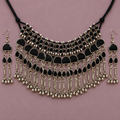 Nisha Black Arch Fringe Silver-Tone Necklace Set | MyJhumki