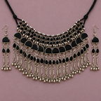 Nisha Black Arch Fringe Silver-Tone Necklace Set | MyJhumki
