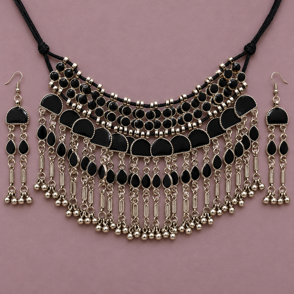 Nisha Black Arch Fringe Silver-Tone Necklace Set | MyJhumki