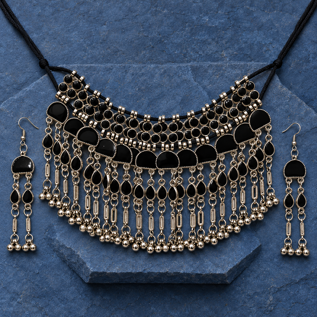 Nisha Black Arch Fringe Silver-Tone Necklace Set | MyJhumki