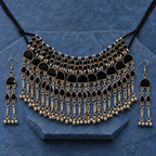 Nisha Black Arch Fringe Silver-Tone Necklace Set | MyJhumki