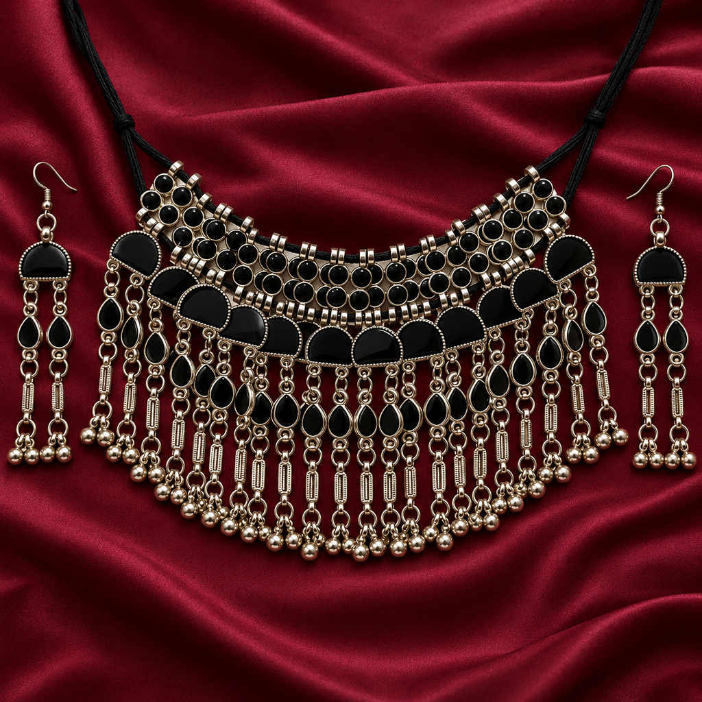 Nisha Black Arch Fringe Silver-Tone Necklace Set | MyJhumki