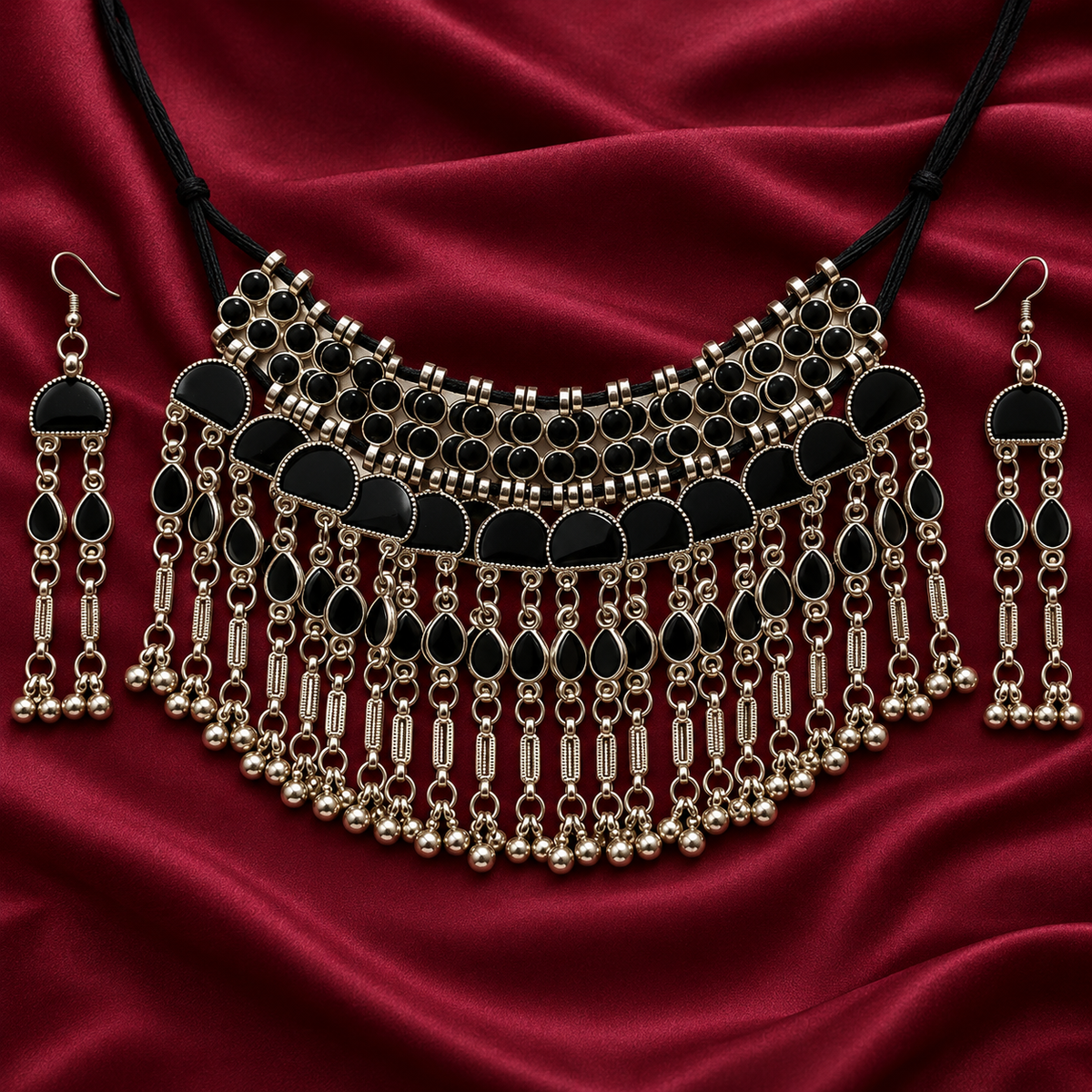 Nisha Black Arch Fringe Silver-Tone Necklace Set | MyJhumki