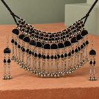 Nisha Black Arch Fringe Silver-Tone Necklace Set | MyJhumki
