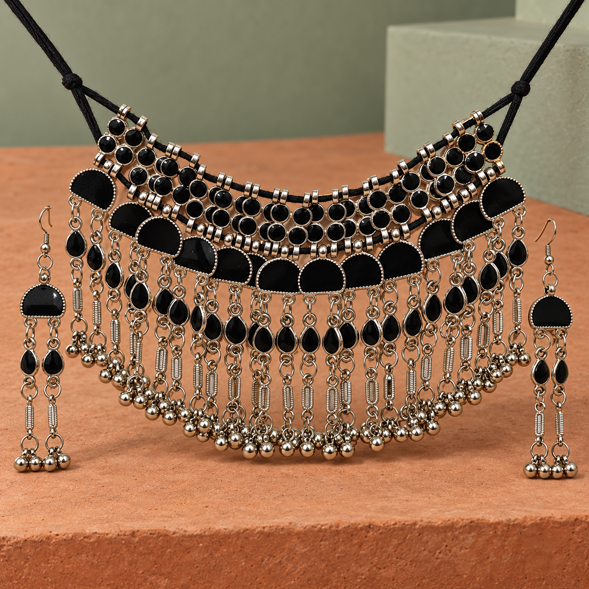 Nisha Black Arch Fringe Silver-Tone Necklace Set | MyJhumki