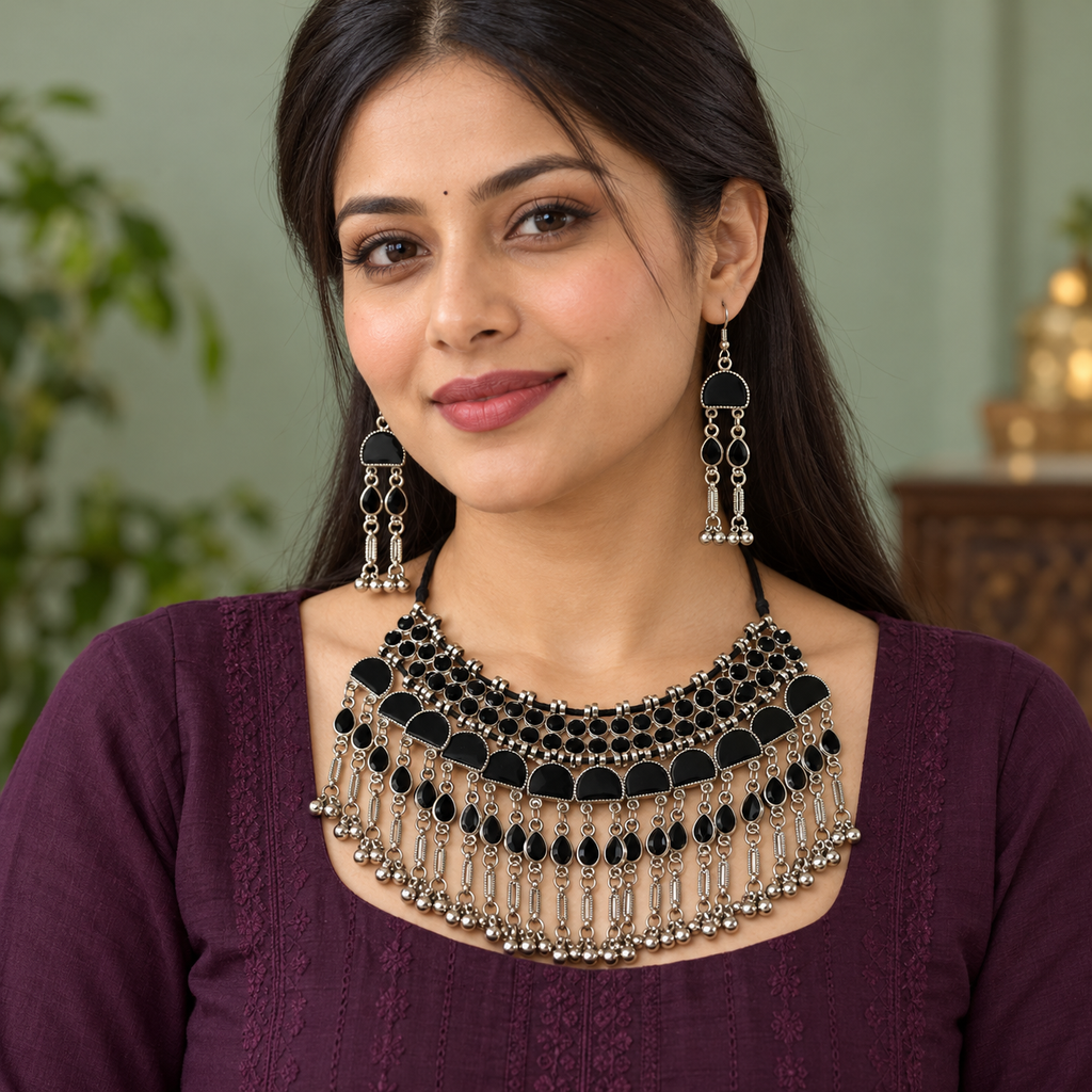 Nisha Black Arch Fringe Silver-Tone Necklace Set | MyJhumki