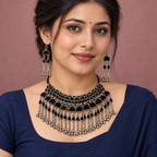 Nisha Black Arch Fringe Silver-Tone Necklace Set | MyJhumki