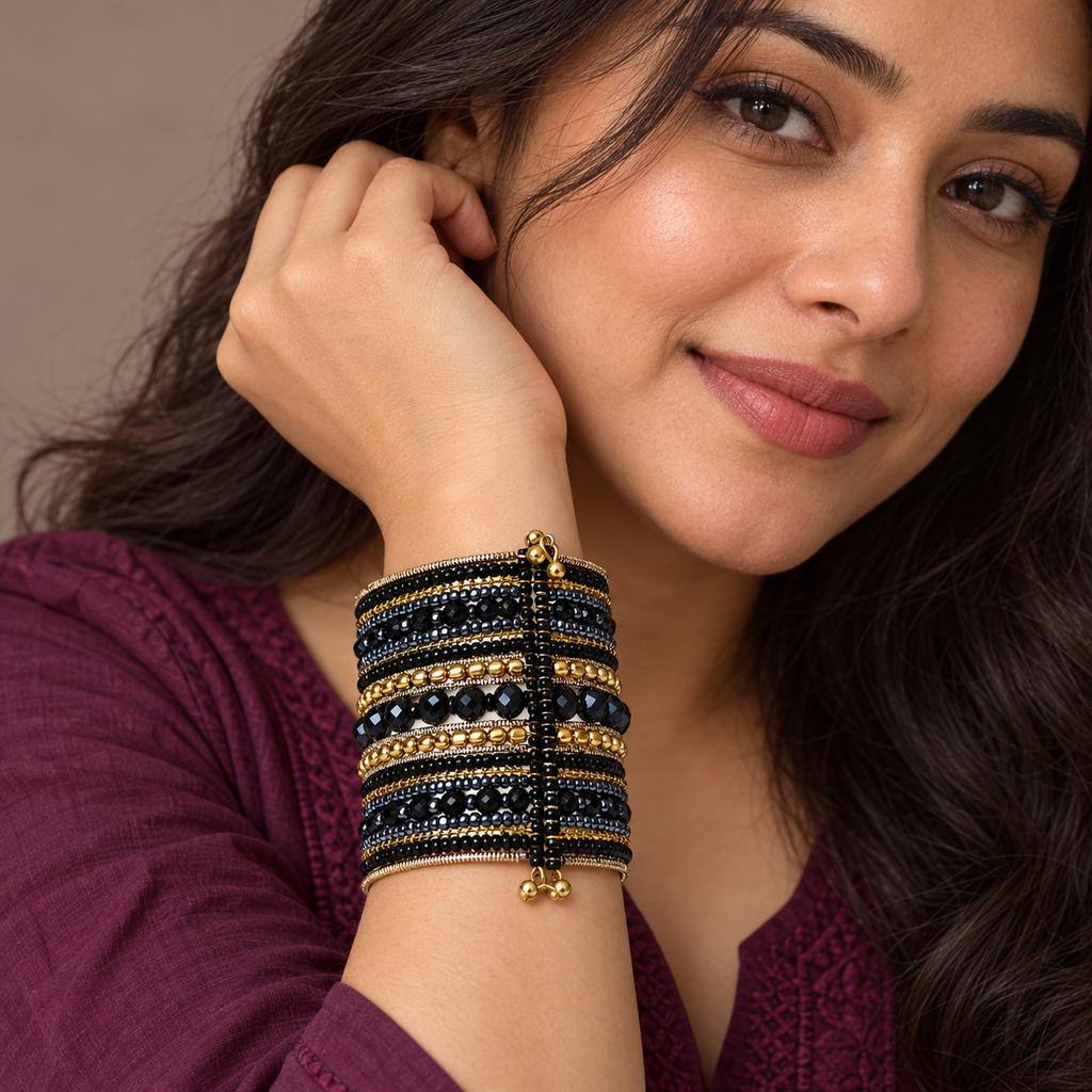 Noor Black Beaded Bangle Cuff | MyJhumki