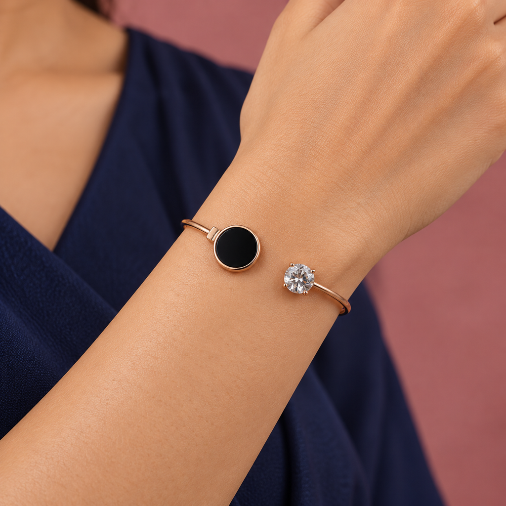 Oria Black Circle Gold-Tone Cuff Bracelet | MyJhumki