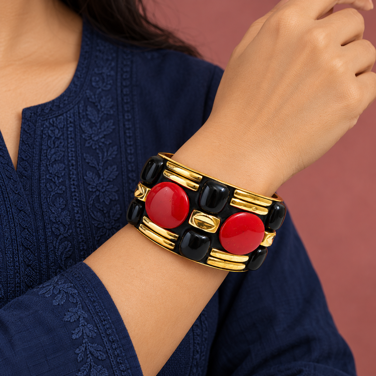 Ragini Red Oval & Black Gold-Tone Bangle | MyJhumki