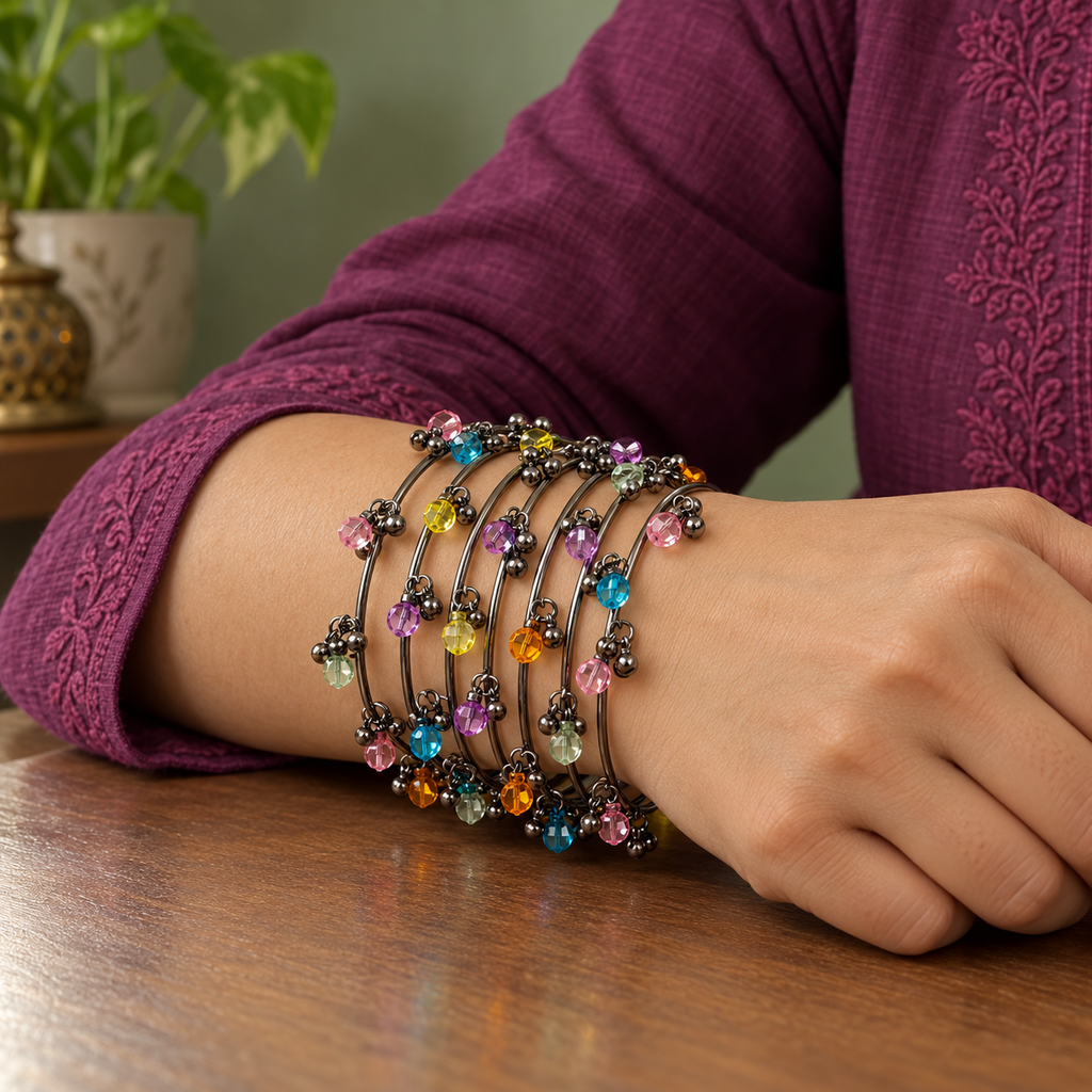 Rangjhan Multicolour Silver-Tone Kashmiri Bangles – Set of 8 | MyJhumki
