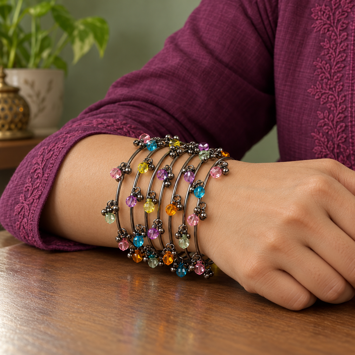 Rangjhan Multicolour Silver-Tone Kashmiri Bangles – Set of 8 | MyJhumki