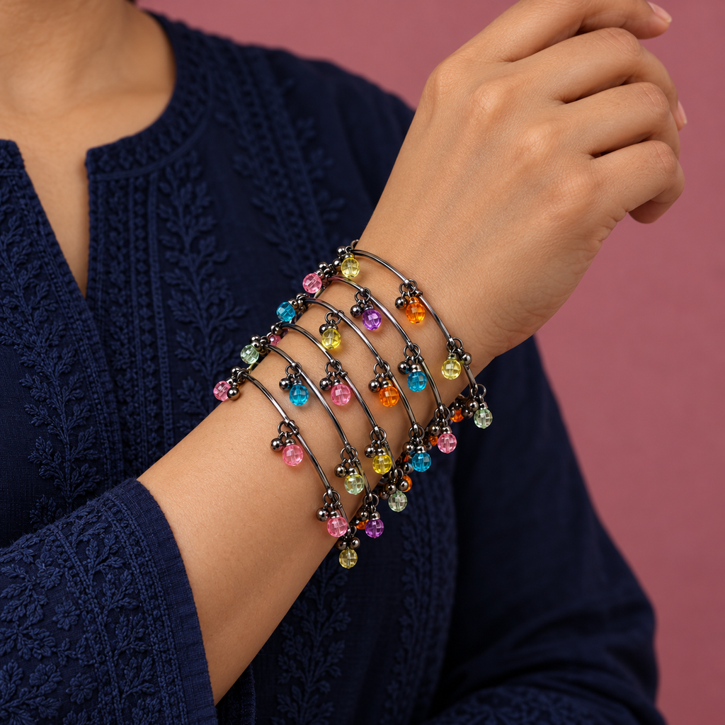 Rangjhan Multicolour Silver-Tone Kashmiri Bangles – Set of 8 | MyJhumki