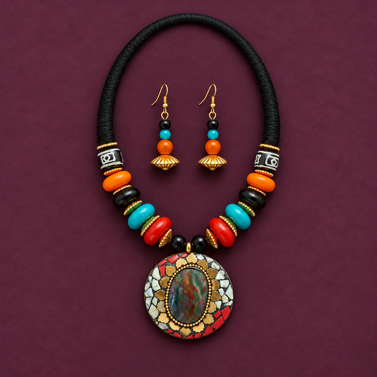 Rangoli Mosaic Multicolour Bead Necklace Set | MyJhumki