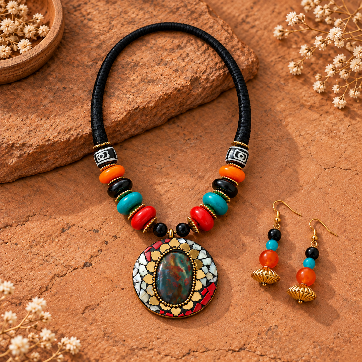 Rangoli Mosaic Multicolour Bead Necklace Set | MyJhumki
