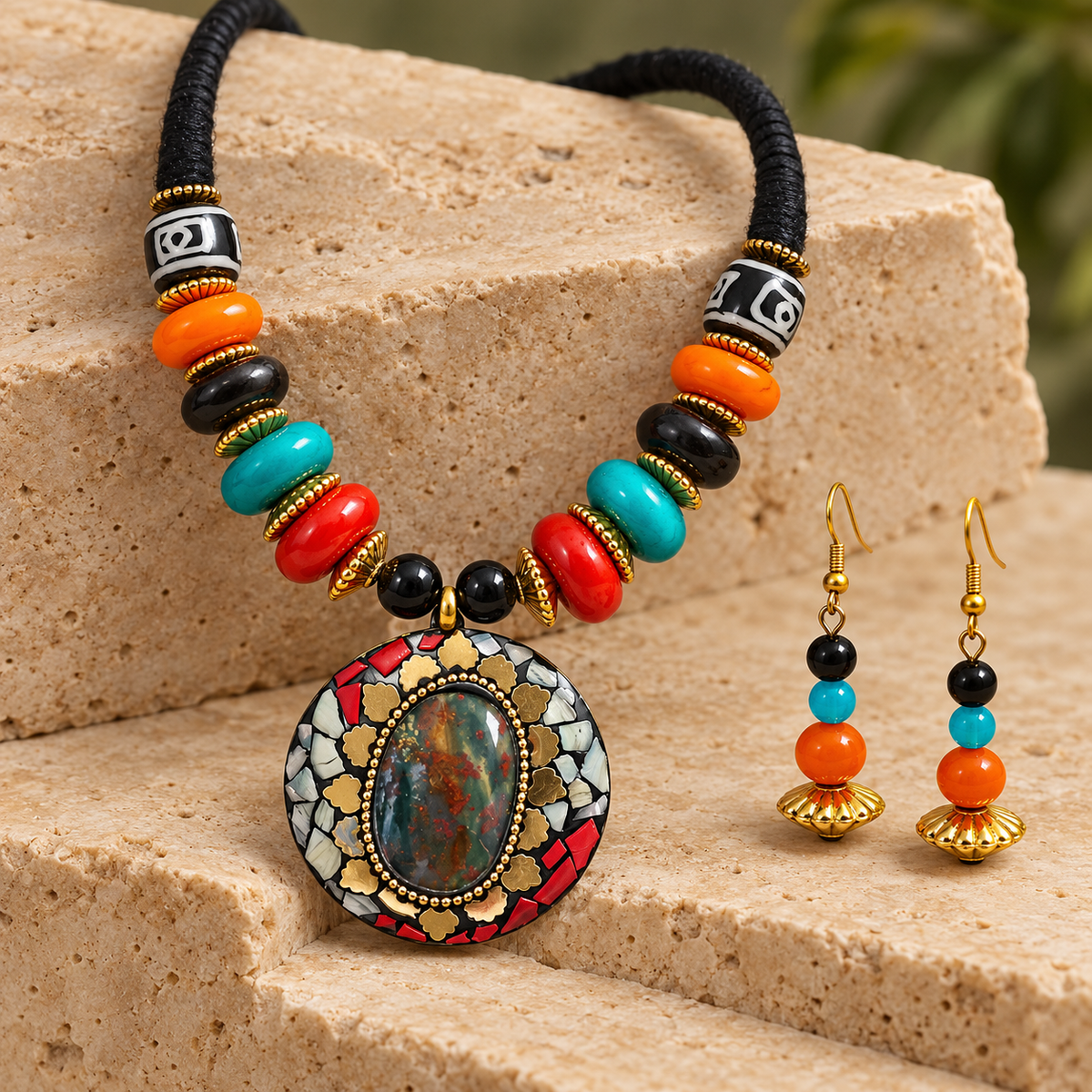 Rangoli Mosaic Multicolour Bead Necklace Set | MyJhumki