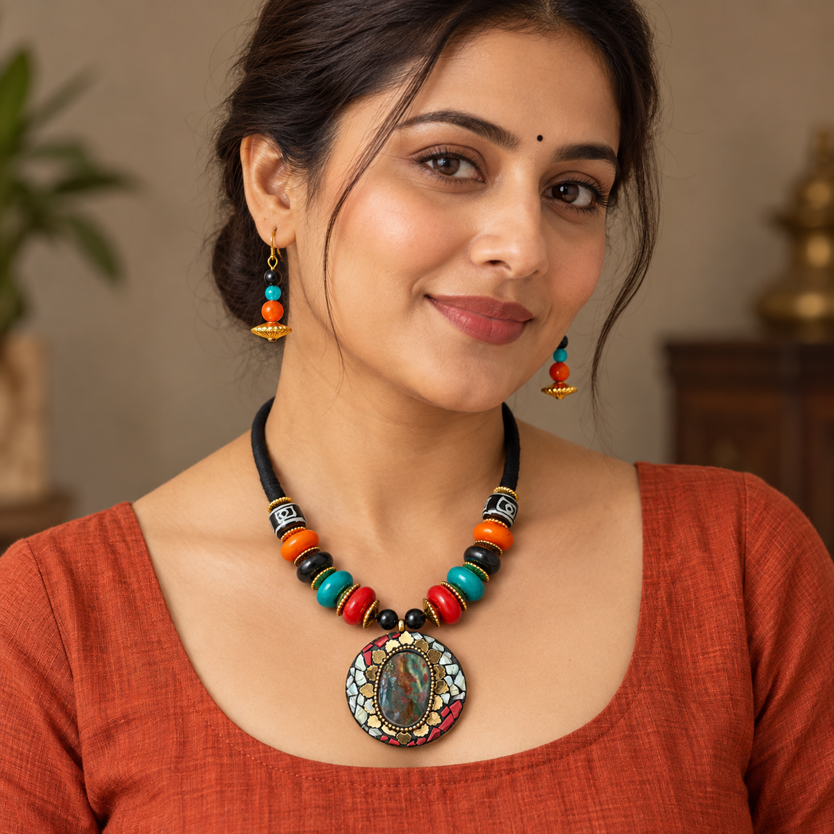 Rangoli Mosaic Multicolour Bead Necklace Set | MyJhumki