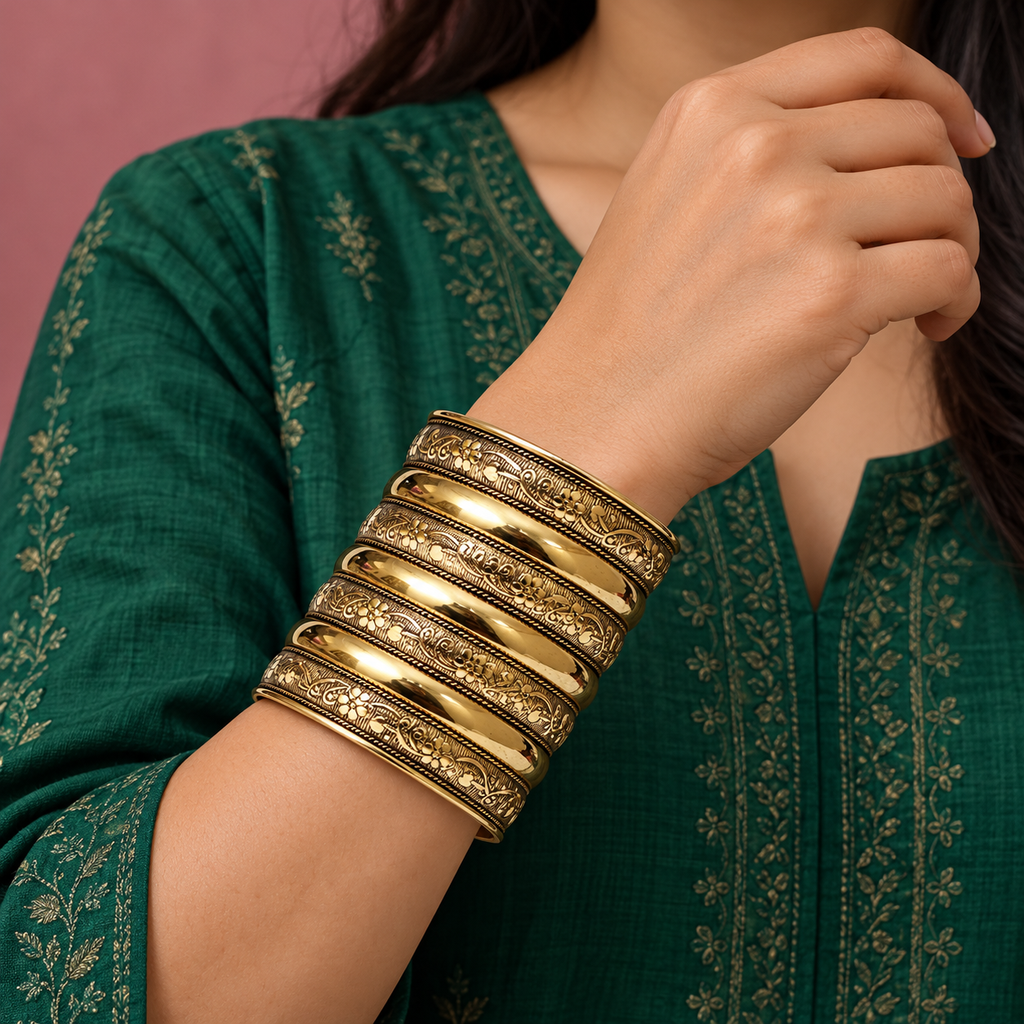 Rekha Seven-Row Floral Antique Gold-Tone Cuff | MyJhumki