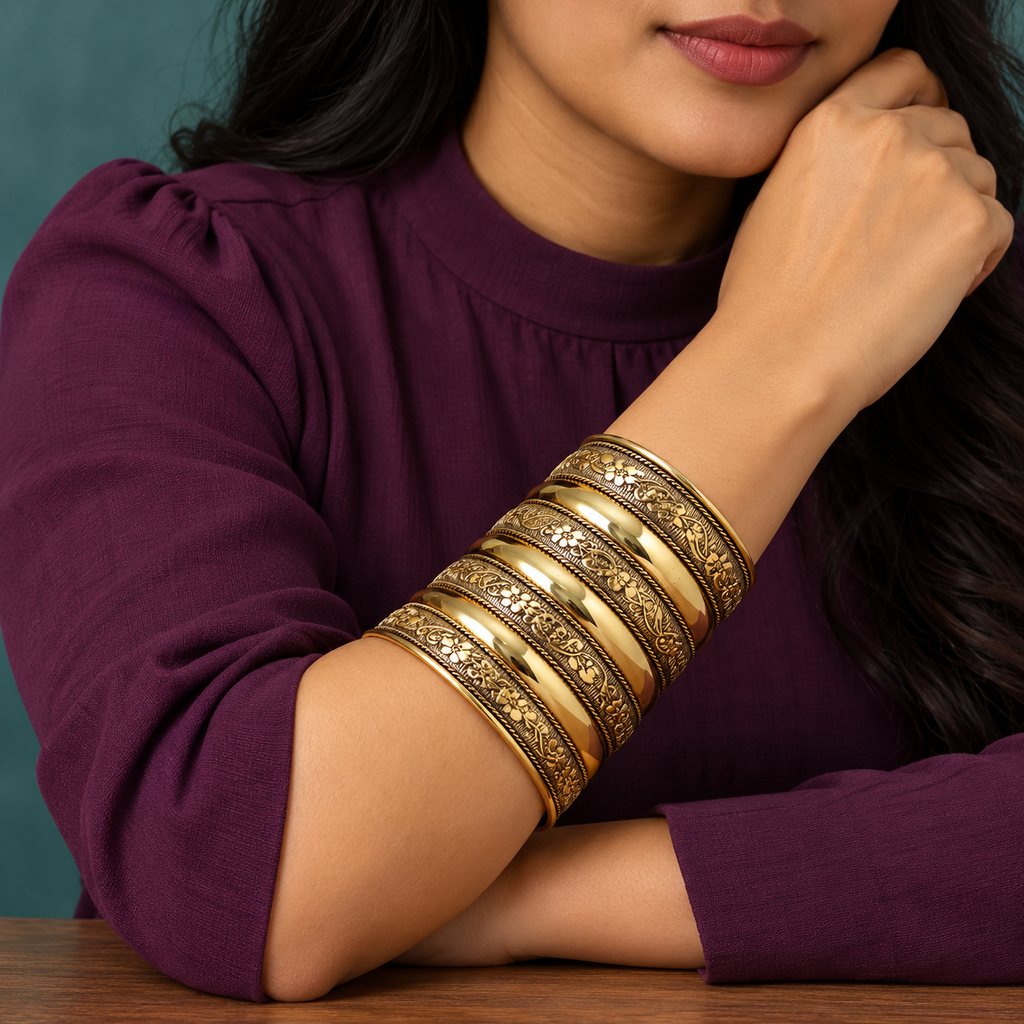 Rekha Seven-Row Floral Antique Gold-Tone Cuff | MyJhumki