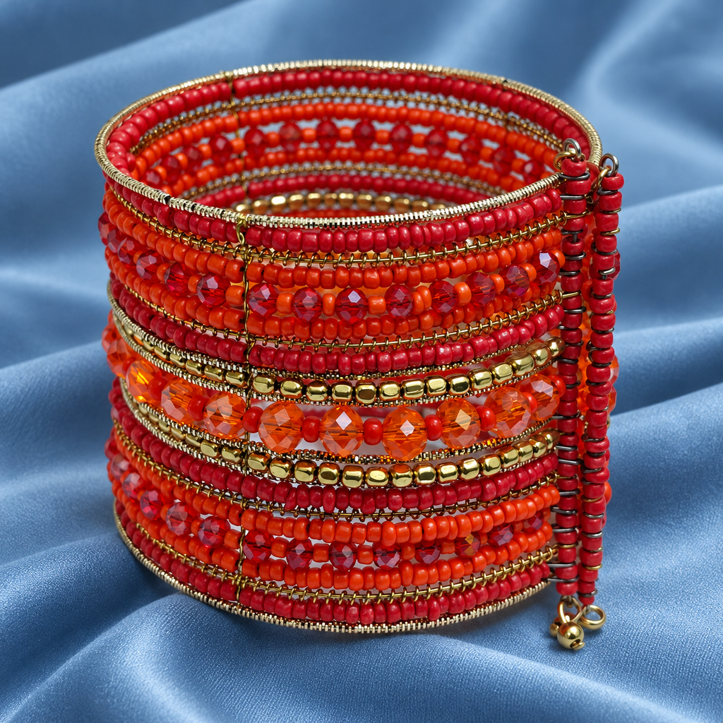 Ruh Red Beaded Bangle Cuff | MyJhumki