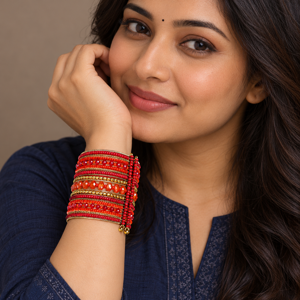 Ruh Red Beaded Bangle Cuff | MyJhumki
