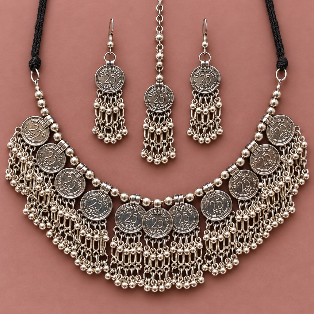 Sikka Coin Fringe Silver-Tone Necklace Set | MyJhumki