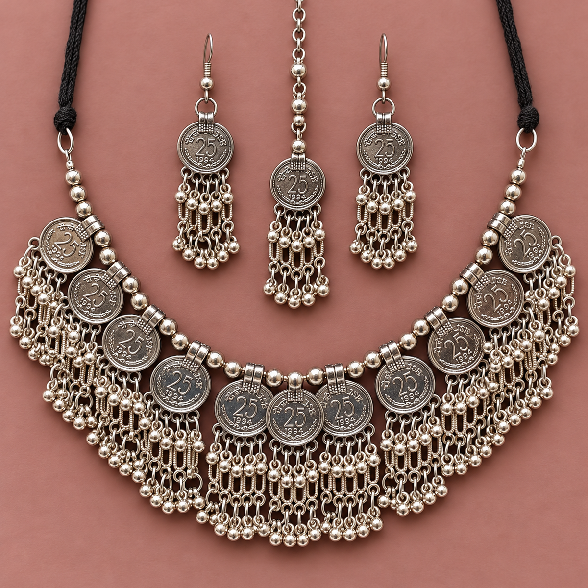 Sikka Coin Fringe Silver-Tone Necklace Set | MyJhumki