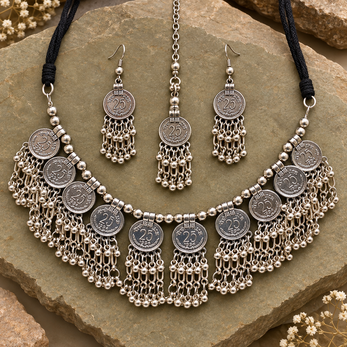 Sikka Coin Fringe Silver-Tone Necklace Set | MyJhumki