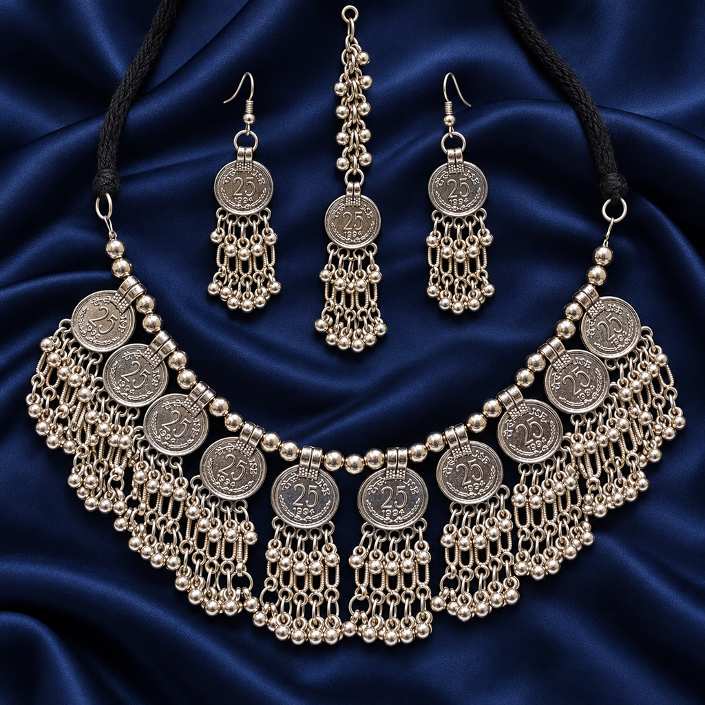 Sikka Coin Fringe Silver-Tone Necklace Set | MyJhumki