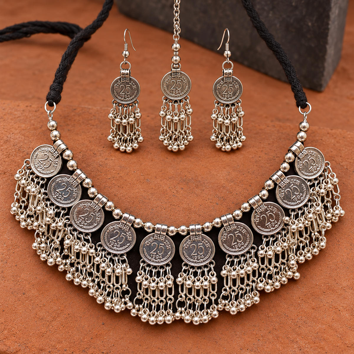 Sikka Coin Fringe Silver-Tone Necklace Set | MyJhumki