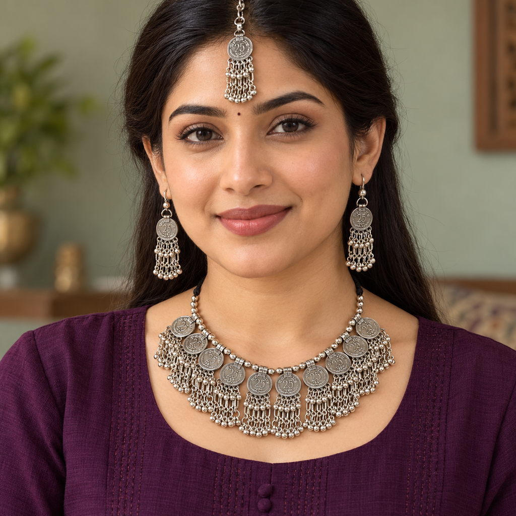 Sikka Coin Fringe Silver-Tone Necklace Set | MyJhumki