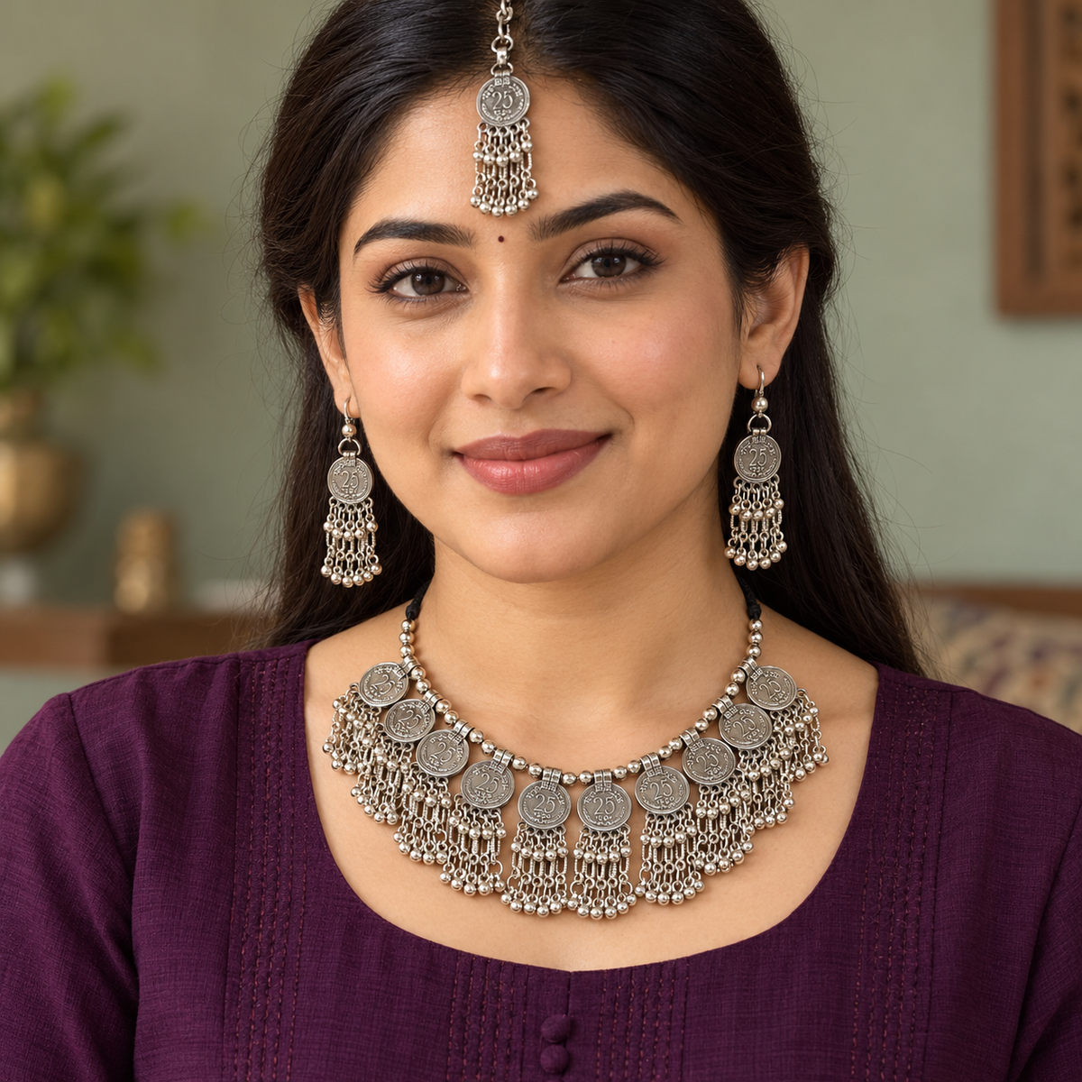 Sikka Coin Fringe Silver-Tone Necklace Set | MyJhumki