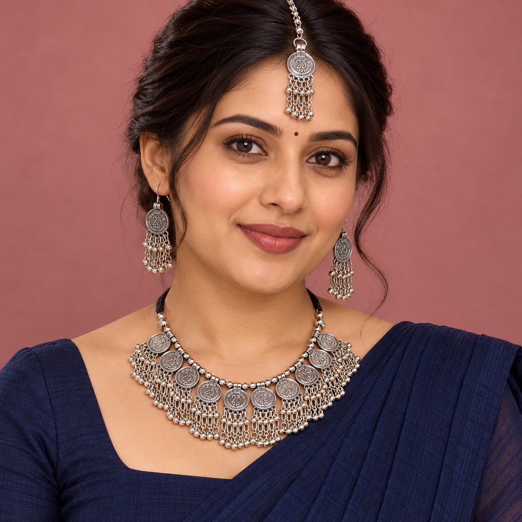 Sikka Coin Fringe Silver-Tone Necklace Set | MyJhumki