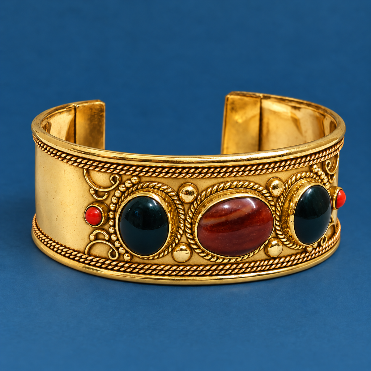 Tara Dark Green Red Accent Gold-Tone Cuff Bracelet | MyJhumki