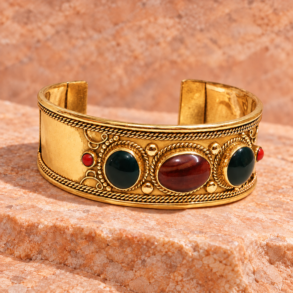 Tara Dark Green Red Accent Gold-Tone Cuff Bracelet | MyJhumki