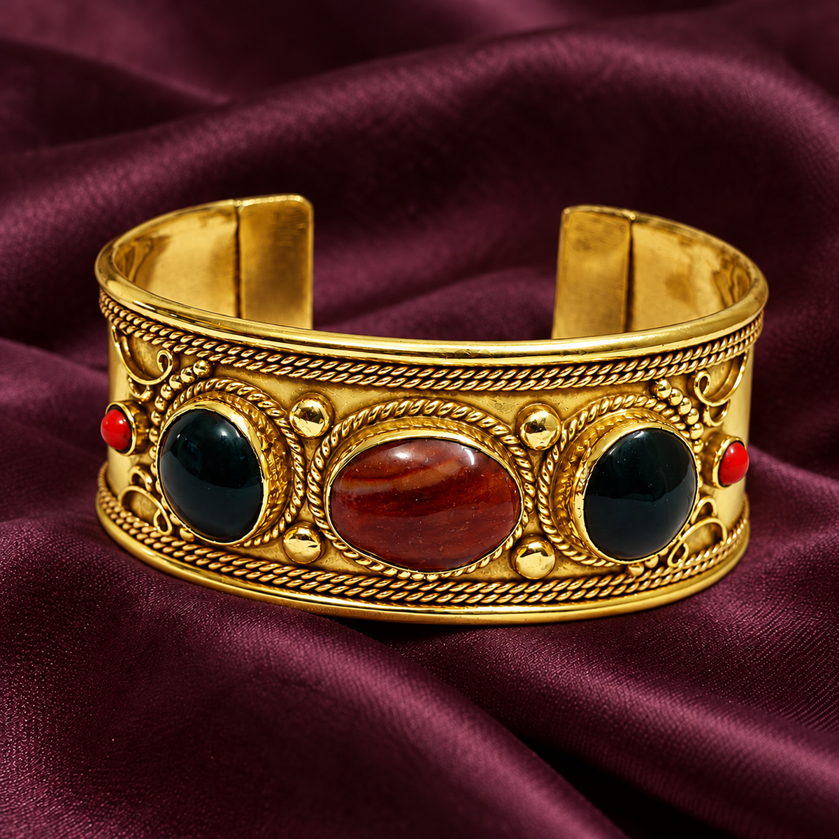 Tara Dark Green Red Accent Gold-Tone Cuff Bracelet | MyJhumki