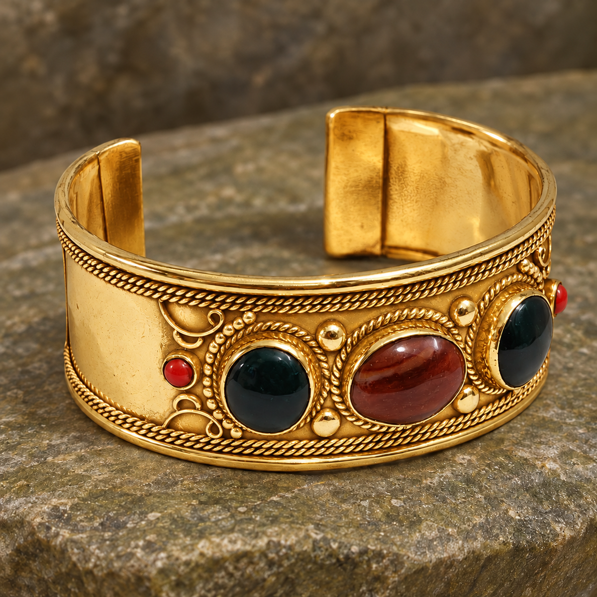 Tara Dark Green Red Accent Gold-Tone Cuff Bracelet | MyJhumki