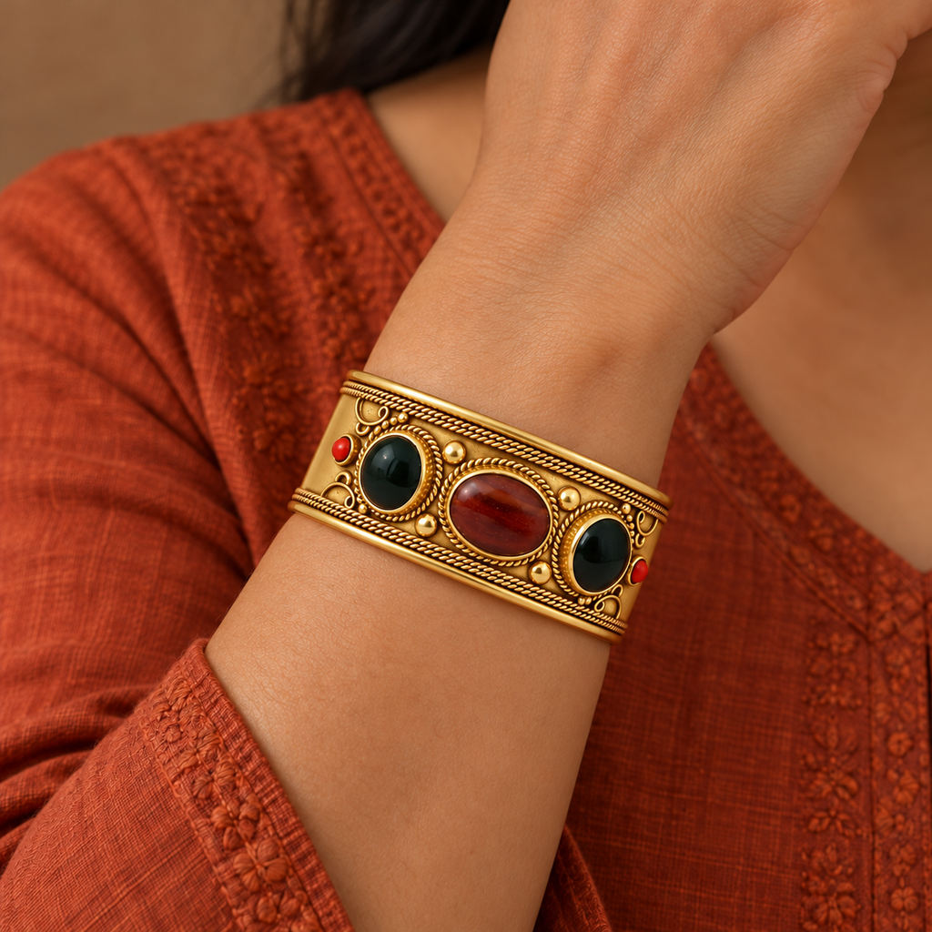 Tara Dark Green Red Accent Gold-Tone Cuff Bracelet | MyJhumki