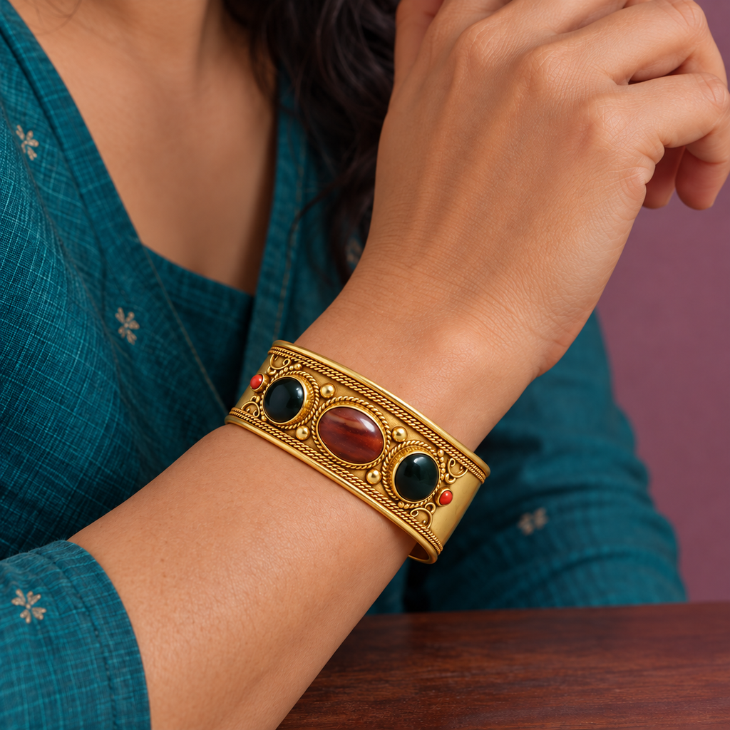 Tara Dark Green Red Accent Gold-Tone Cuff Bracelet | MyJhumki